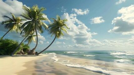The perfect beach scene. White sand, blue water, and palm trees. A beautiful day in paradise.