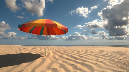 A beach umbrella is planted in the middle of a vast sandy beach with the ocean in the distance. The sky is blue and cloudy.