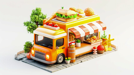 Brightly colored food truck with hamburgers, hot dogs, and condiments set in a miniature setting with playful, oversized food items.