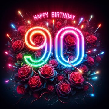 Vibrant 90th Happy Birthday Neon Sign with Flowers