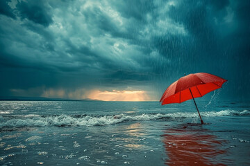 Stormy clouds, sun and rain over the ocean, red umbrella