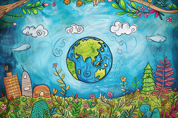 Children pencil drawing of planet Earth with flowers and sun,  Earth Day - 787443419