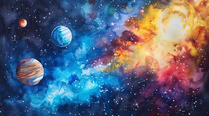 majestic galaxy with planets and stars in deep space cosmic watercolor painting - obrazy, fototapety, plakaty