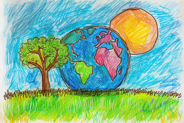 Children pencil drawing of planet Earth with flowers and sun,  Earth Day - 787443426