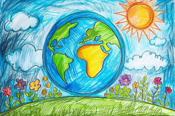 Children pencil drawing of planet Earth with flowers and sun,  Earth Day - 787443444