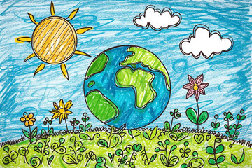 Children pencil drawing of planet Earth with flowers and sun,  Earth Day - 787443449