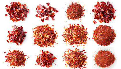 Collage of red chili flakes on white background, top view - obrazy, fototapety, plakaty