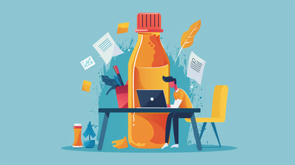 A person at a desk, struggling to lift a giant glue bottle with a laptop stuck to it, symbolizing business challenges