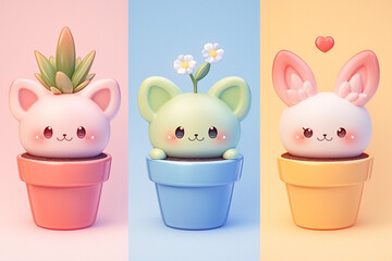 Cute kawaii house plants with heads in colorful pots illustration - 787443474