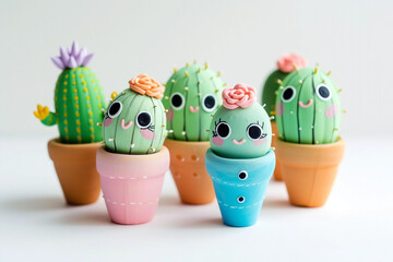 Fototapeta premium Cute kawaii succulents with eyes in colorful pots. Home decor