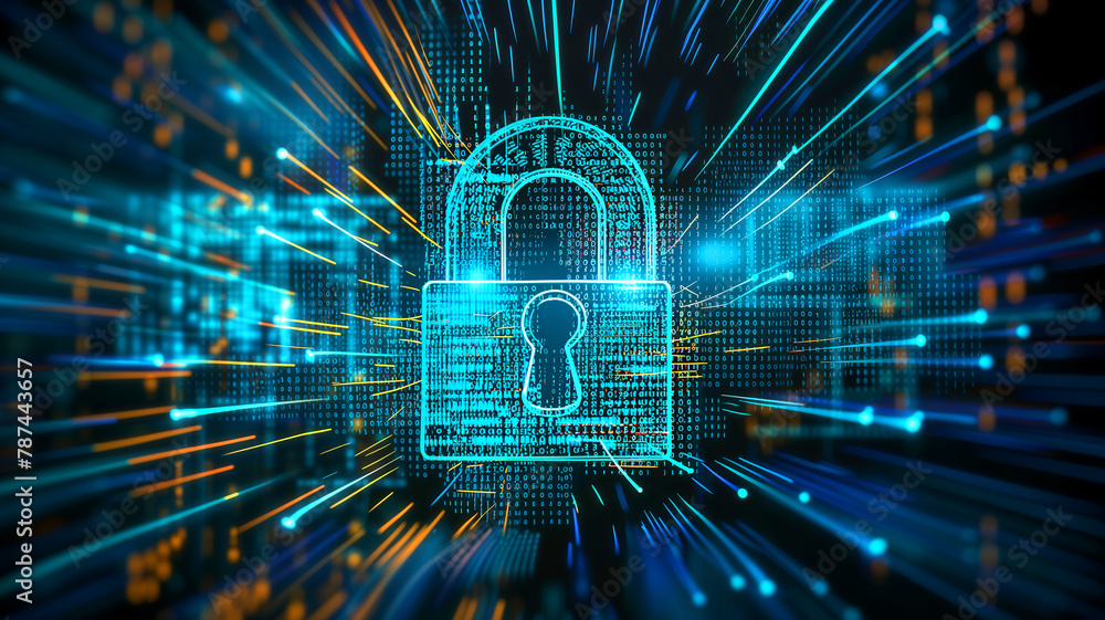 Poster padlock hologram with light rays, representing network security and encryption