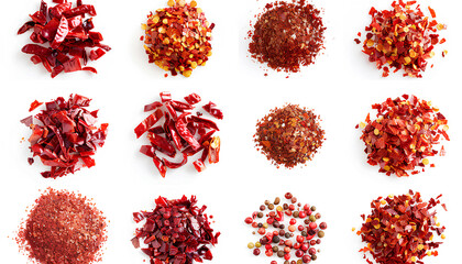 Collage of red chili flakes on white background, top view