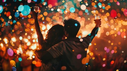 A couple embraces each other backs to the camera as they stand ast a sea of sparklers and confetti. arms are raised high . .