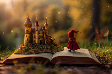 Open old book with magic castle and hooded figure in fairy wood - 787443832