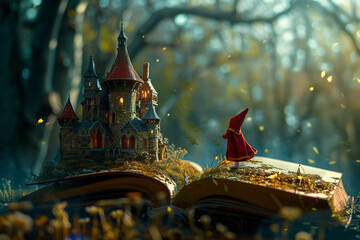 Open old book with magic castle and hooded figure in fairy wood - 787443858