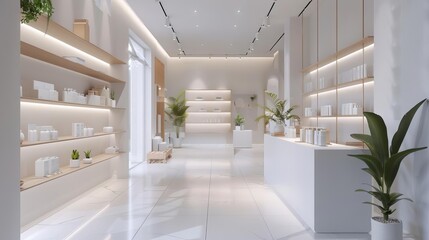 minimalist retail store with clean white walls product display shelves 3d visualization