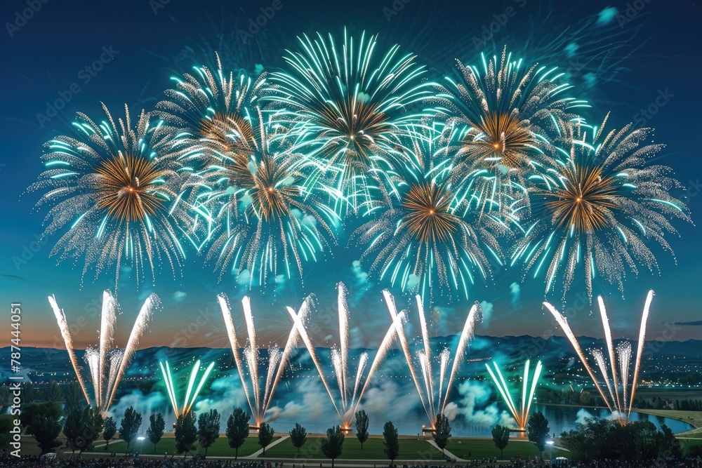 Poster A fireworks display with a blue and white color scheme. The fireworks are lit up in the sky and are arranged in a row