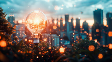 Glowing light bulb amidst cityscape at dusk, symbolizing innovation, with a backdrop of skyscrapers and bokeh light effects.