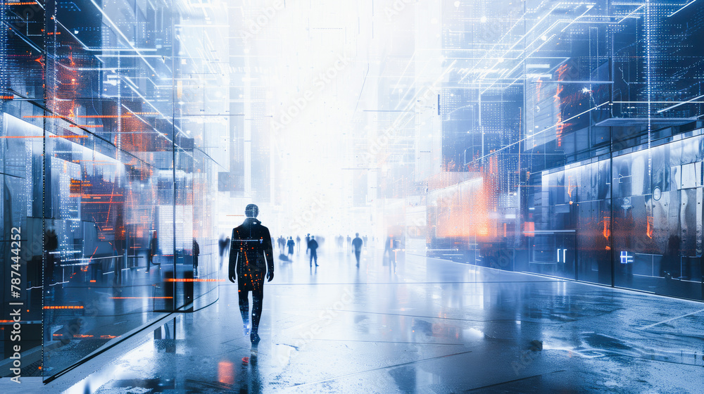 Poster person walking towards light in futuristic corridor with digital overlays, symbolizing advanced tech