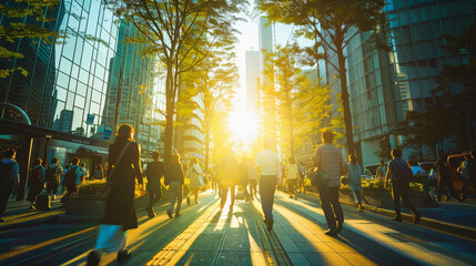 Busy urban street scene at sunset with pedestrians, modern architecture, and sunlight streaming between buildings.