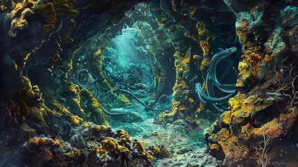mysterious underwater hideaway with twisting eels in rocky crevices digital painting - obrazy, fototapety, plakaty