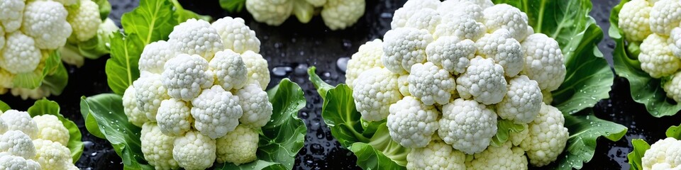 An overhead photo of fresh cauliflower on a dark background, covered with water drops. Detailed...