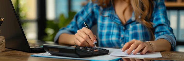 Obraz premium A female is seated at a desk using a cell phone and a calculator among office supplies and writing instruments accessories, banner