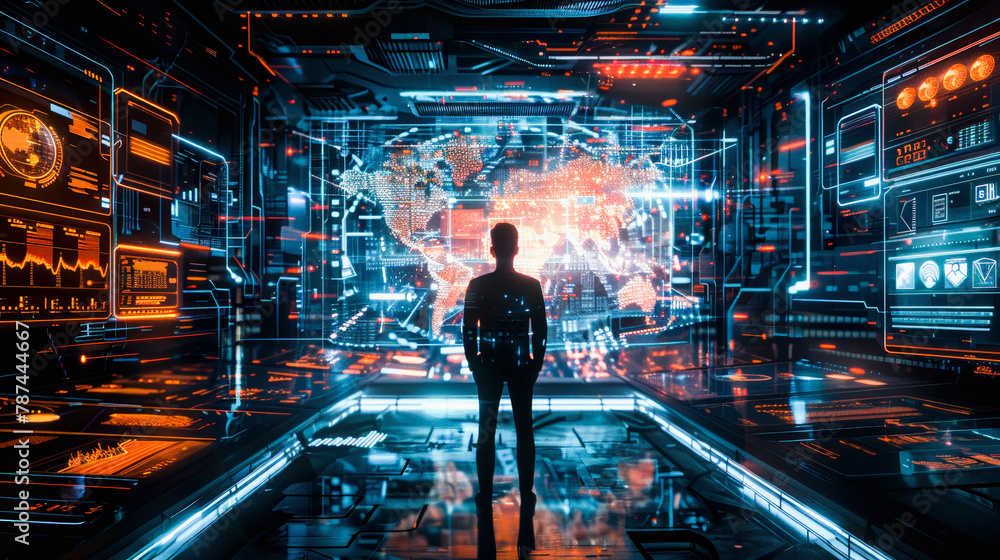 Aufkleber a person stands before an advanced futuristic control panel with holographic world map and data scre