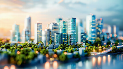 Modern city skyline at twilight with skyscrapers, reflective surfaces, and lush greenery embellishing an urban waterfront scene. - obrazy, fototapety, plakaty