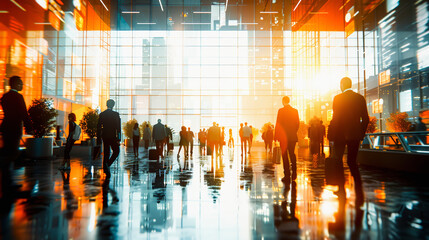 Sunlight beams through a modern glass building, illuminating the silhouettes of busy people commuting inside the reflective spacious lobby, Everyday Business
