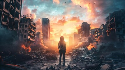 postapocalyptic survivor teen girl in awe destroyed city street with ruined buildings dramatic cinematic scene digital art concept - obrazy, fototapety, plakaty