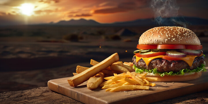 A mouth watering yummy large burger on wooden stand in the sandy desert. Homemade unhealthy fast food, copy space.