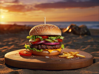 A mouth watering yummy large burger on wooden stand on the beach. Homemade unhealthy fast food,...
