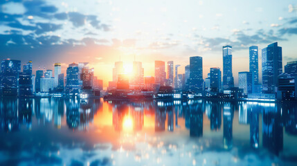 Sunset skyline of a modern city with skyscrapers reflecting in calm water, with a vibrant blue and orange color palette, Everyday Business