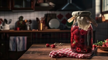 Homemade dessert of canned raspberries in a glass jar on a wooden table. A mouthwatering sight,...