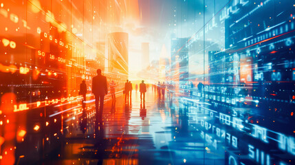 Silhouettes of business people walking through a futuristic data tunnel with glowing digital binary code and cityscape background, Everyday Business