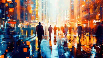 Silhouetted figures walking on a vibrant city street with glowing lights and reflective surfaces creating an urban, futuristic atmosphere, Everyday Business - obrazy, fototapety, plakaty