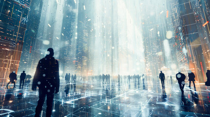 Futuristic cityscape with pedestrians, neon lights, skyscrapers, and a possible digital or rain effect, evoking a cyberpunk, science fiction atmosphere, Everyday Business