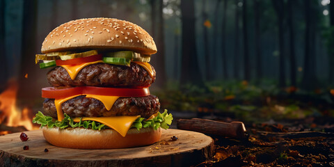 A mouth watering yummy large burger on wooden stand in the forest. Homemade unhealthy fast food, copy space.