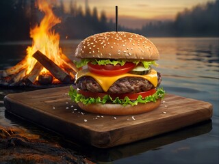 A mouth watering yummy large burger on wooden stand on the lake shore. Homemade unhealthy fast food, copy space.