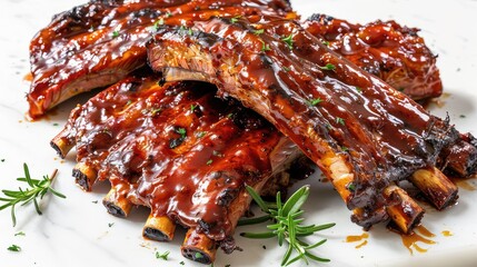 Grilled ribs on a white background. Enjoy the tantalizing sight of these mouthwatering grilled ribs, their succulent texture and rich color contrasting beautifully with a white canvas.