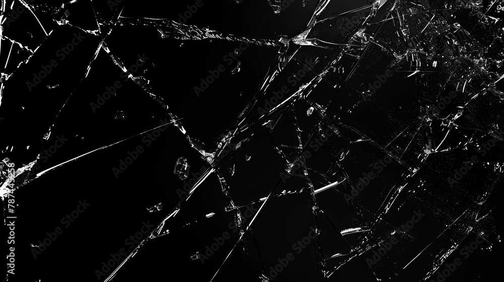 Aufkleber shattered glass texture with sharp shards and cracks isolated on black background broken glass wallp