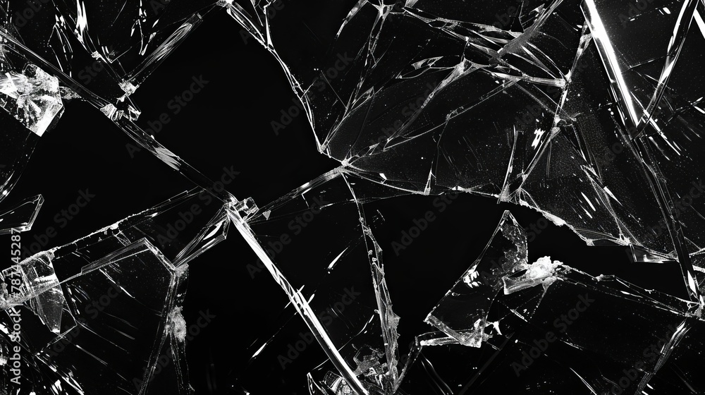 Aufkleber shattered glass texture with sharp shards and cracks isolated on black background broken glass wallp