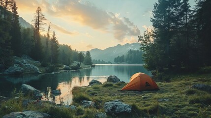 serene camping scene in nature with tent and beautiful landscape protected natural area aigenerated outdoor photography