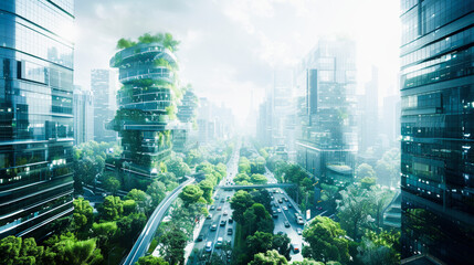 Futuristic green cityscape with tree-covered skyscrapers, streamlined roads, and abundant foliage integrating nature into urban environment for sustainable development. - obrazy, fototapety, plakaty