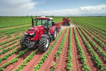 A tractor on the field waters the plants with pesticides. The fields come alive with the tractor's touch, as it delivers a shield against pests.