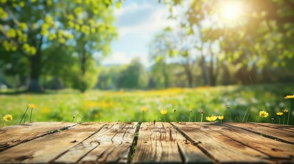 serene spring green meadow with wooden table for product display blurred nature background stock photography - obrazy, fototapety, plakaty