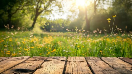 Naklejka na ściany i meble serene spring green meadow with wooden table for product display blurred nature background stock photography