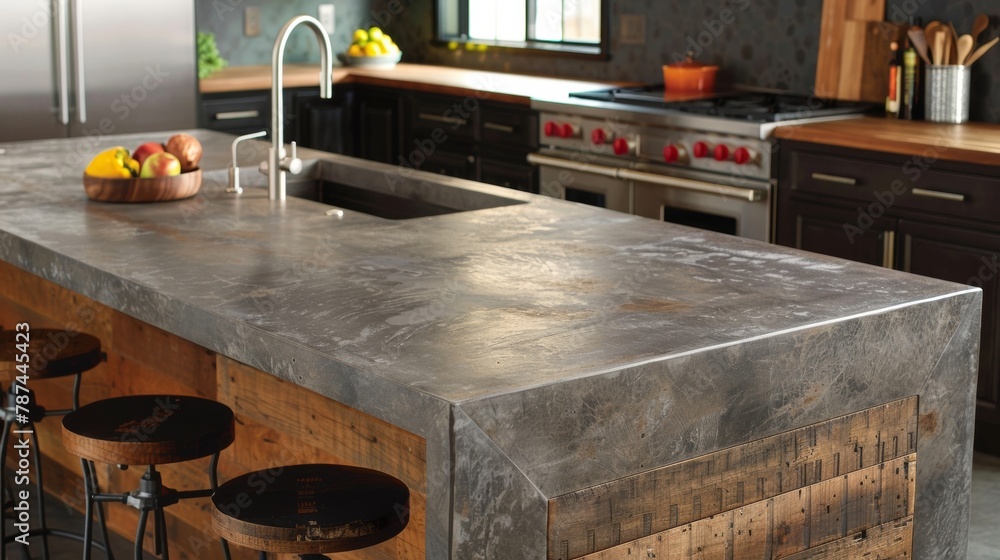 Poster in a industrial style kitchen a large island with a stonelook lvt countertop serves as the focal poi