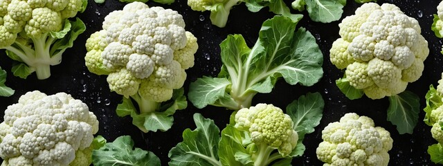 Top photo of fresh cauliflower on a dark background covered with water drops. Detailed close-up of...